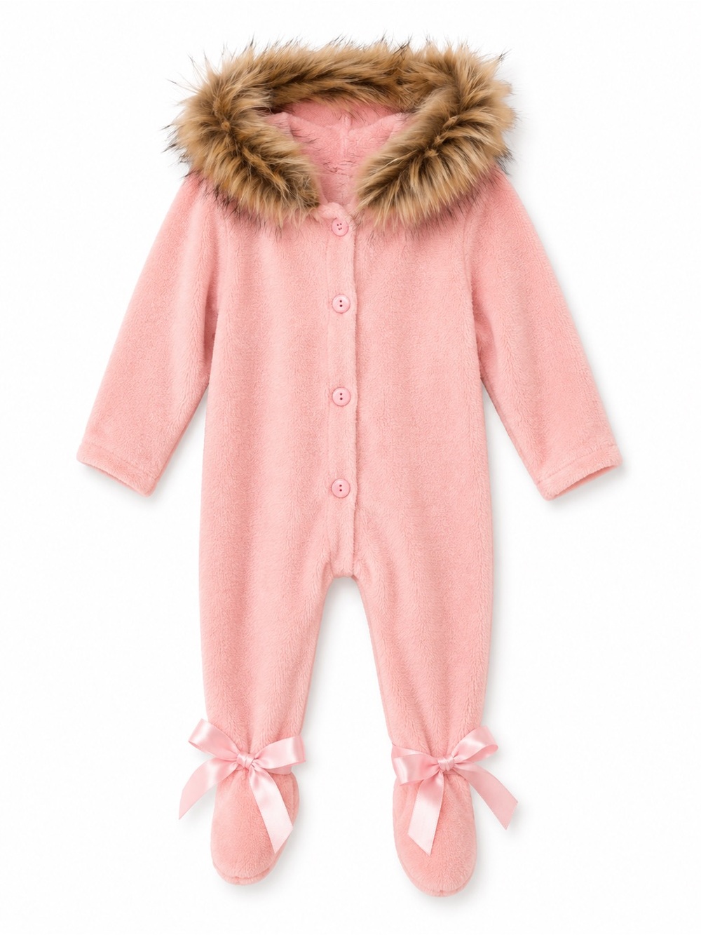 Baby Girls Pink Knit Bunting Snowsuit Size 12M Faux Fur Hood Footed One Piece